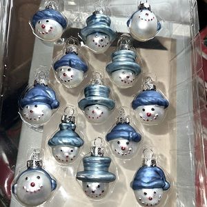 13 Vintage Glass Smiling Snowman head tiny ornaments